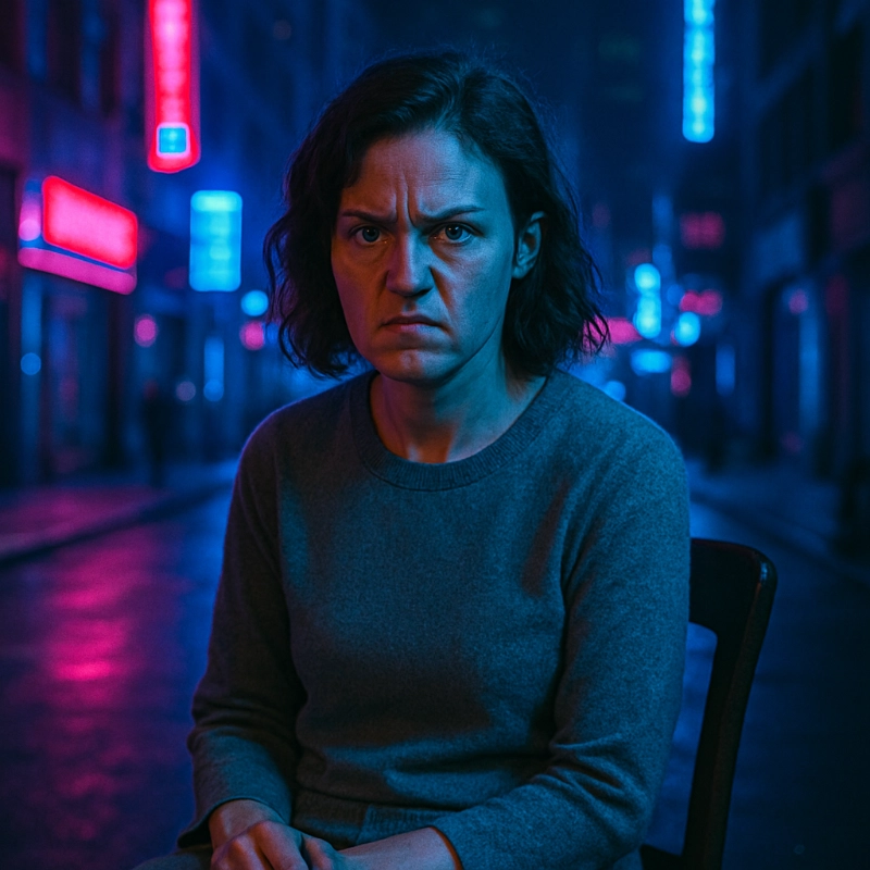 Angry expression. Urban cityscape at night, neon lights