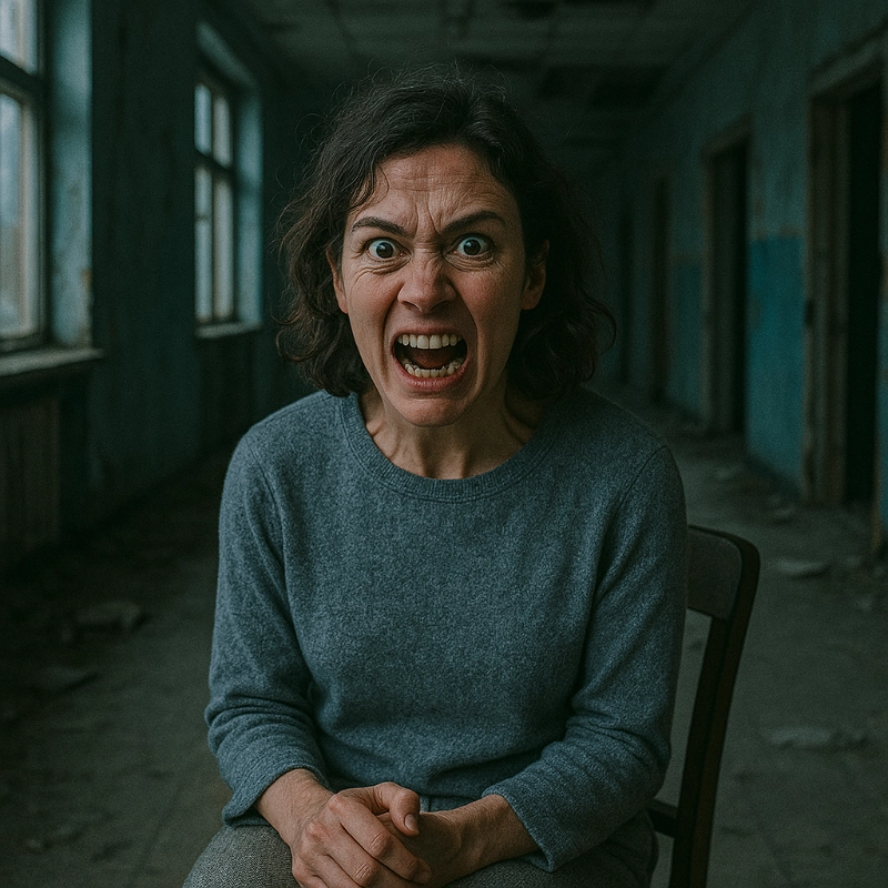 Crazy expression. Abandoned hospital corridor